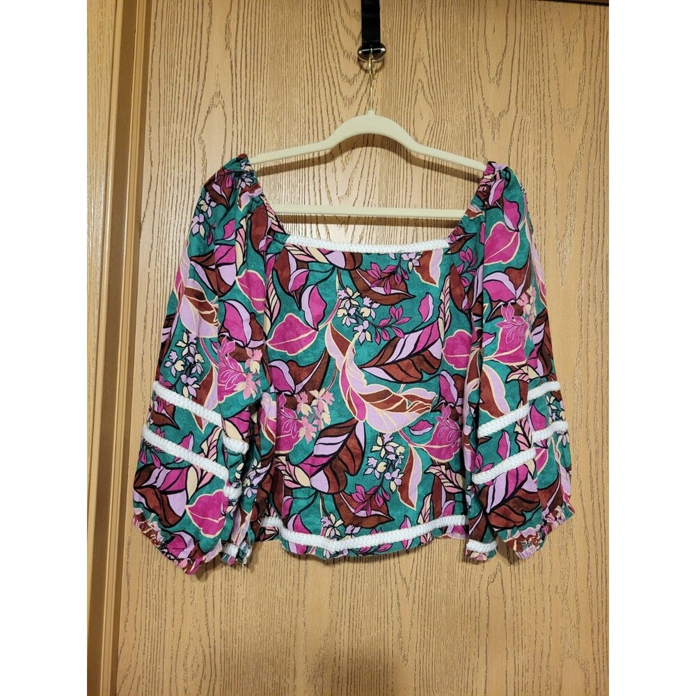 Cynthia Rowley Linen  Floral Print 3/4 Sleeves Blouse Colorful Pattern Size XL